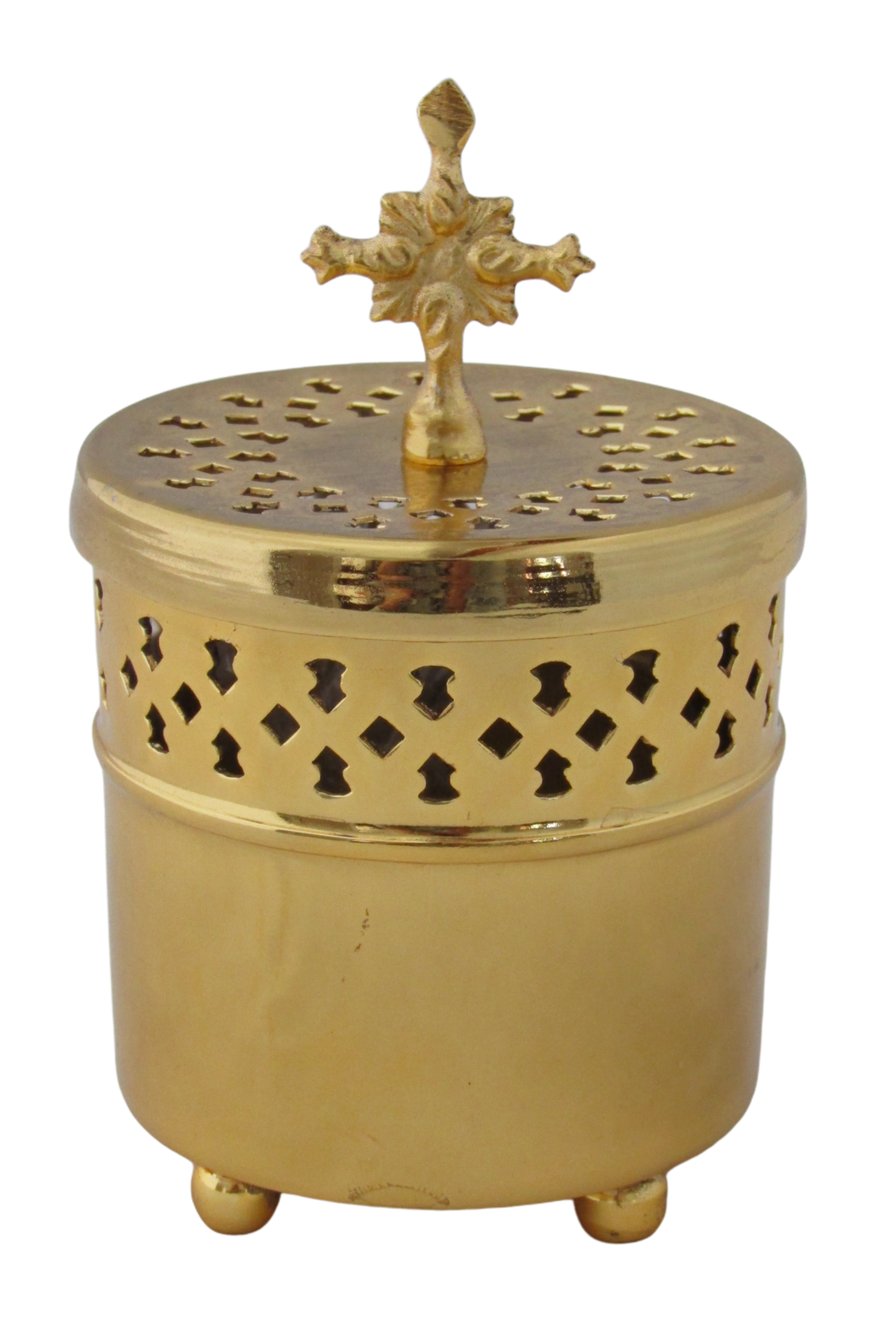 #456 Brass cylindrical incense burner w cross