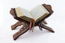 Load image into Gallery viewer, BIBS - Brass inlay handcarved wood bible stand.