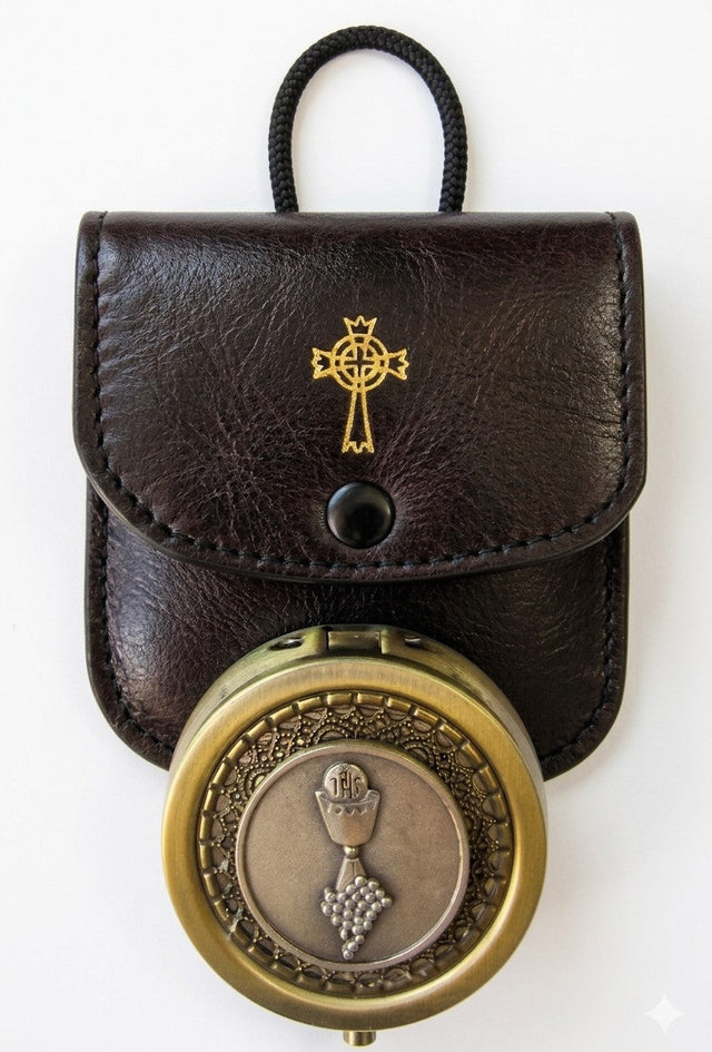 A Sheepskin burse with a Metal Pyx.
