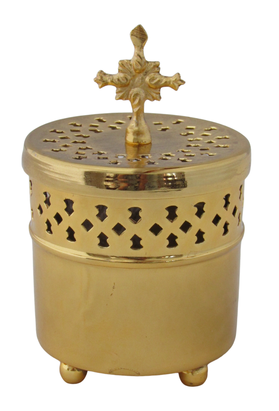 #456 Brass cylindrical incense burner w cross
