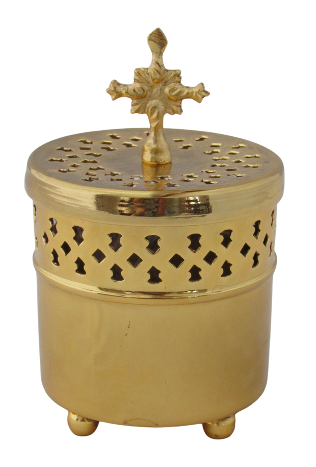 #456 Brass cylindrical incense burner w cross