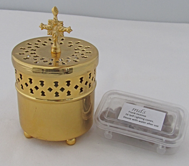 #456 Brass cylindrical incense burner w cross