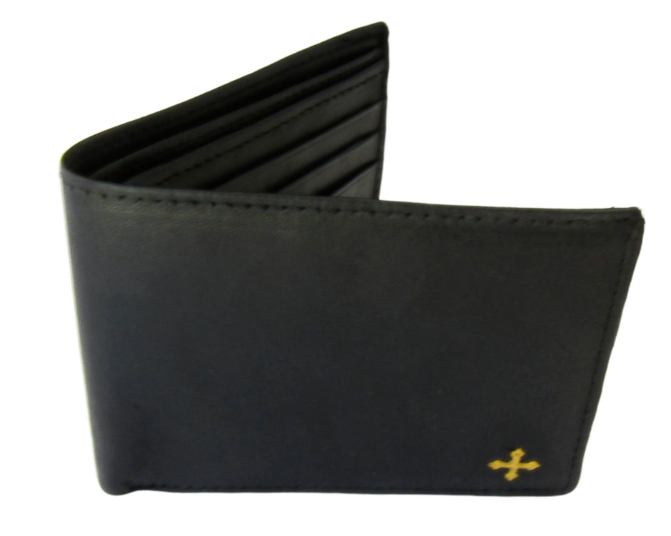 mds#9550/BC. Brass cross on a leather wallet.