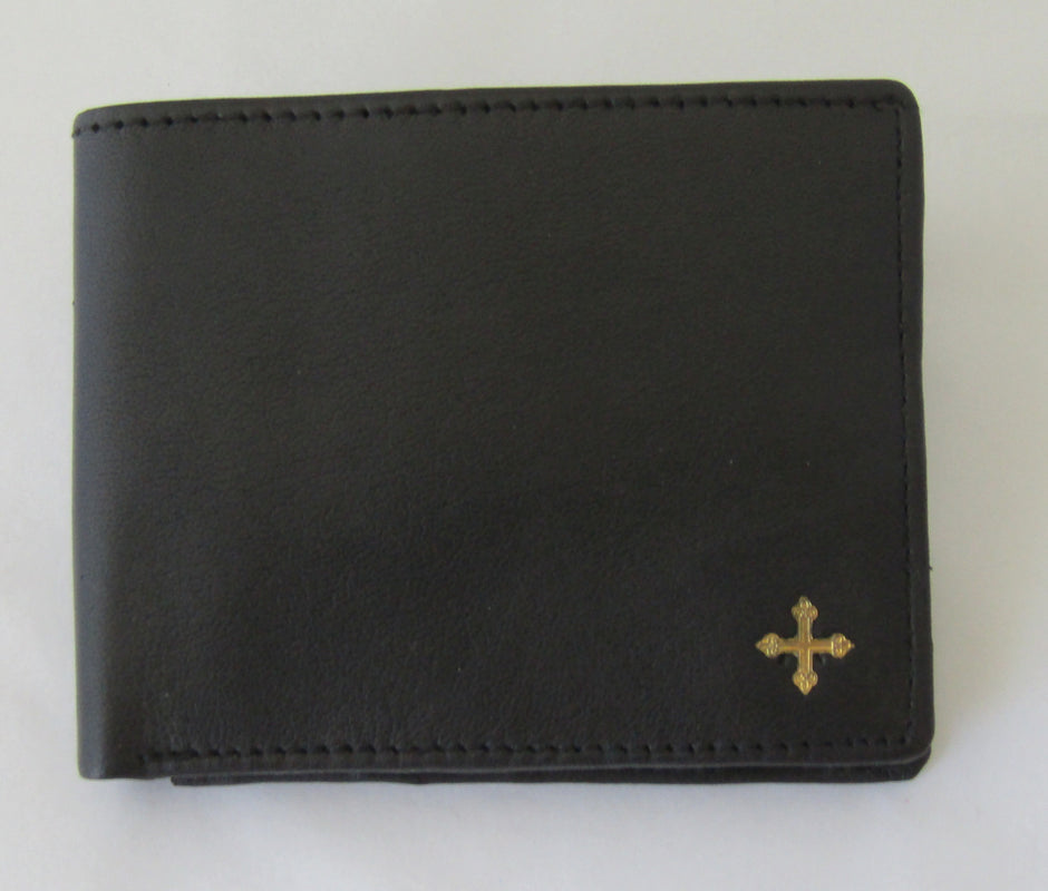mds#9550/BC. Brass cross on a leather wallet.