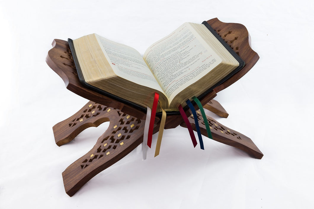 BIBS - Brass inlay handcarved wood bible stand.